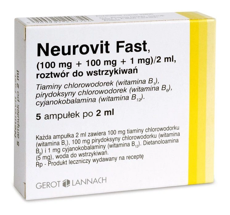 Neurovit Fast roztwór do wstrzykiwań ((100 mg + 100 mg + 1 mg)/2 ml) - 5 amp. 2 ml